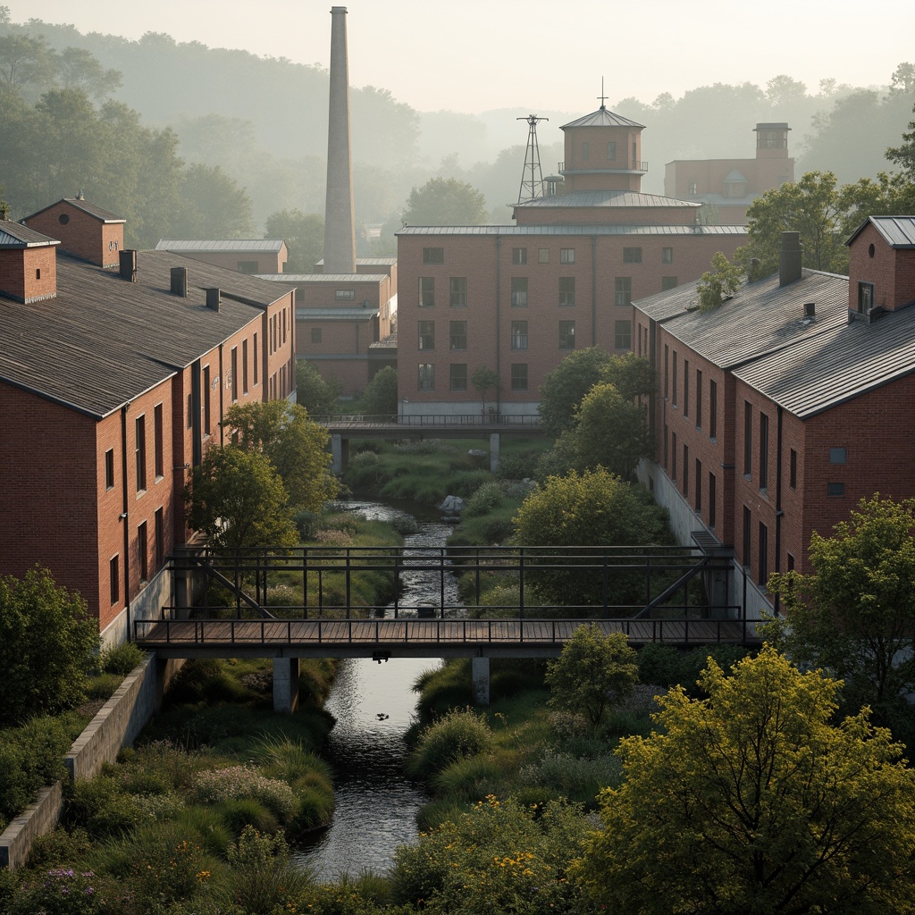 Prompt: Industrial factory complex, rustic brick buildings, corrugated metal roofs, worn concrete walls, vintage machinery, abandoned chimneys, overgrown vegetation, wildflowers, meandering streams, misty atmosphere, soft warm lighting, shallow depth of field, 3/4 composition, panoramic view, realistic textures, ambient occlusion, regionalism-inspired architecture, modern industrial design, functional spaces, exposed ductwork, metal catwalks, reclaimed wood accents, earthy color palette, natural stone pathways, weathered steel bridges.