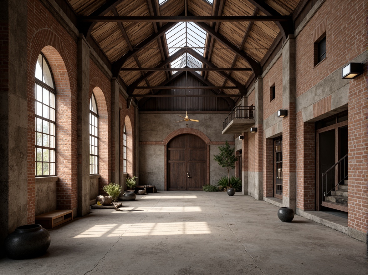 Prompt: Rustic industrial landscape, abandoned factories, worn brick walls, distressed metal roofs, reclaimed wood accents, earthy tones, natural textures, regional materials, local craftsmanship, exposed ductwork, concrete floors, steel beams, functional minimalism, industrial chic aesthetic, warm soft lighting, shallow depth of field, 1/1 composition, realistic renderings, ambient occlusion.