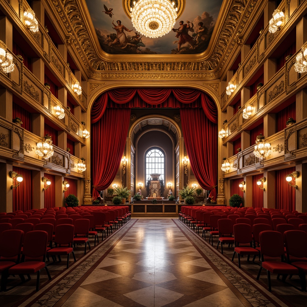 Prompt: Luxurious opera house interior, rich velvet curtains, ornate golden balconies, polished marble floors, intricate fresco ceilings, grand crystal chandeliers, plush red seats, carved wooden paneling, gilded moldings, soft warm lighting, shallow depth of field, 3/4 composition, panoramic view, realistic textures, ambient occlusion.