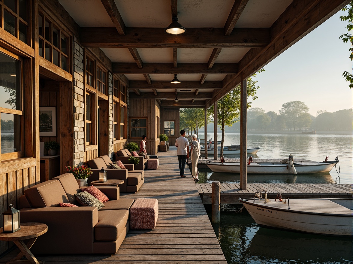 Prompt: Weathered wooden docks, rustic nautical ropes, vintage sailboats, serene lake scenery, misty morning atmosphere, soft warm lighting, natural stone foundations, classic boathouse architecture, earthy brown color palette, muted green accents, creamy white trim, distressed wood textures, ornate metal fixtures, elegant lanterns, cozy interior spaces, plush furnishings, rich wood tones, subtle nautical patterns, nostalgic ambiance, shallow depth of field, 1/1 composition, realistic reflections.