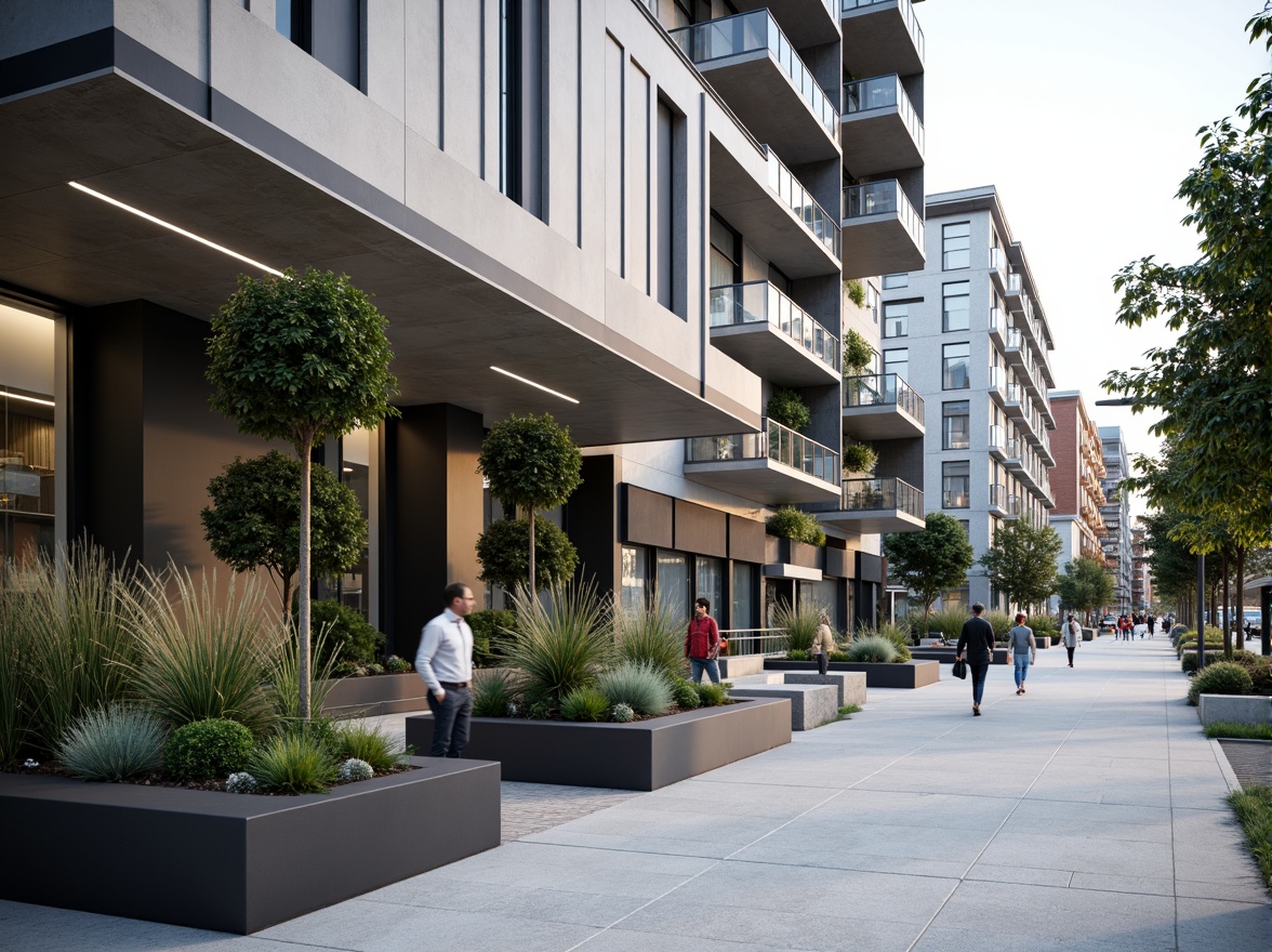 Prompt: Minimalist modern buildings, clean lines, rectangular forms, monochromatic color schemes, sleek metal accents, large glass windows, urban cityscape, busy streets, concrete sidewalks, geometric planters, succulent arrangements, structured topiaries, ornamental grasses, subtle outdoor lighting, warm white illumination, shallow depth of field, 1/1 composition, symmetrical framing, realistic textures, ambient occlusion.