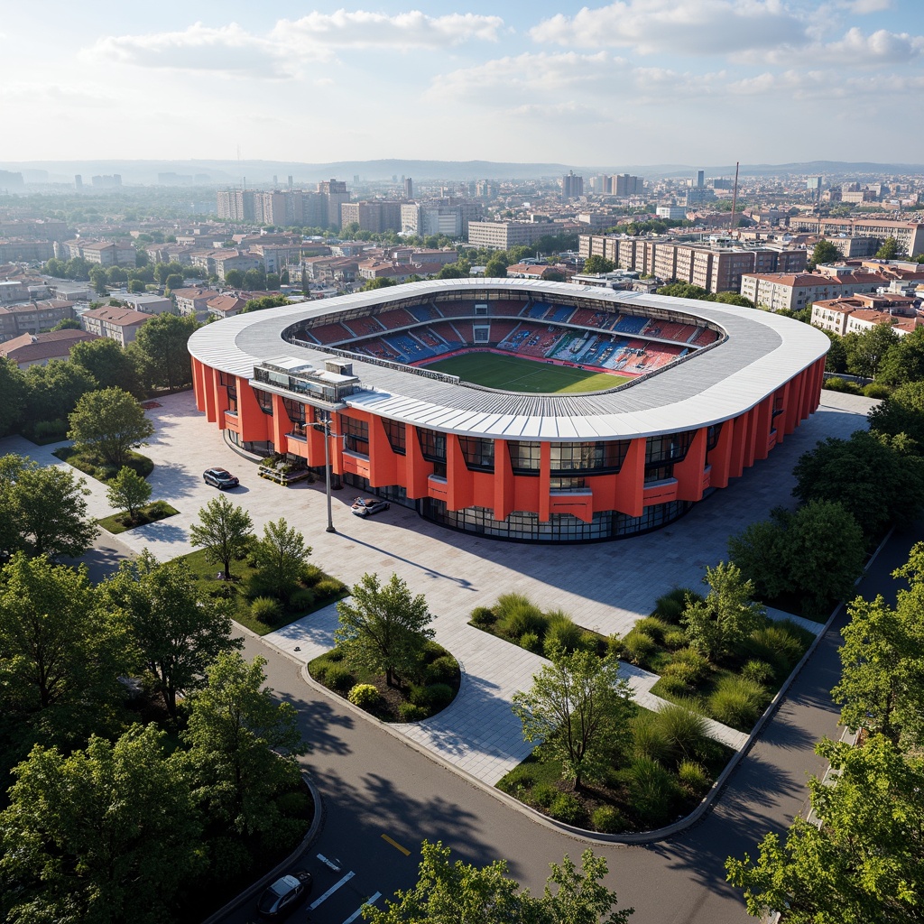 Prompt: Vibrant soccer stadium, social housing facade, bold color scheme, dynamic curves, angular lines, modern architecture, cantilevered roofs, large windows, metal cladding, concrete structures, urban landscape, city skyline, sunny day, dramatic lighting, shallow depth of field, 3/4 composition, panoramic view, realistic textures, ambient occlusion.