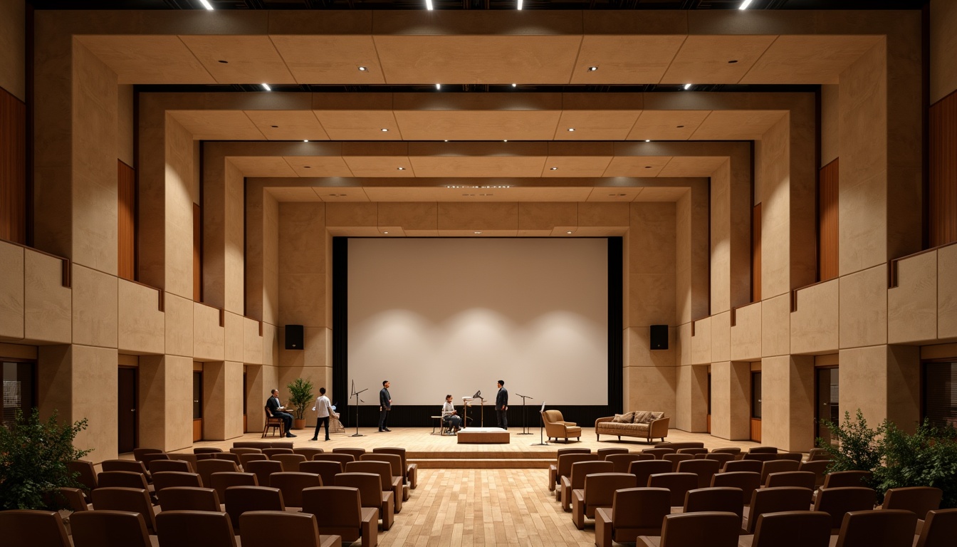 Prompt: Minimalist auditorium interior, sleek wooden floors, sound-absorbing panels, curved lines, geometric shapes, subtle lighting, warm beige tones, comfortable seating, optimized speaker placement, precise acoustic calculations, reverberation control, echo reduction, crystal-clear sound quality, intimate performance atmosphere, shallow stage design, dramatic spotlights, soft shadows, 1/1 composition, realistic textures, ambient occlusion.