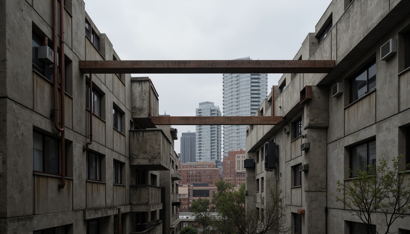 Prompt: Rugged concrete walls, exposed ductwork, industrial pipes, raw steel beams, brutalist architecture, fortress-like structures, monumental scale, geometric shapes, angular lines, minimal ornamentation, functional simplicity, urban landscapes, city skylines, overcast skies, dramatic shadows, high-contrast lighting, 1/1 composition, symmetrical framing, gritty textures, ambient occlusion.