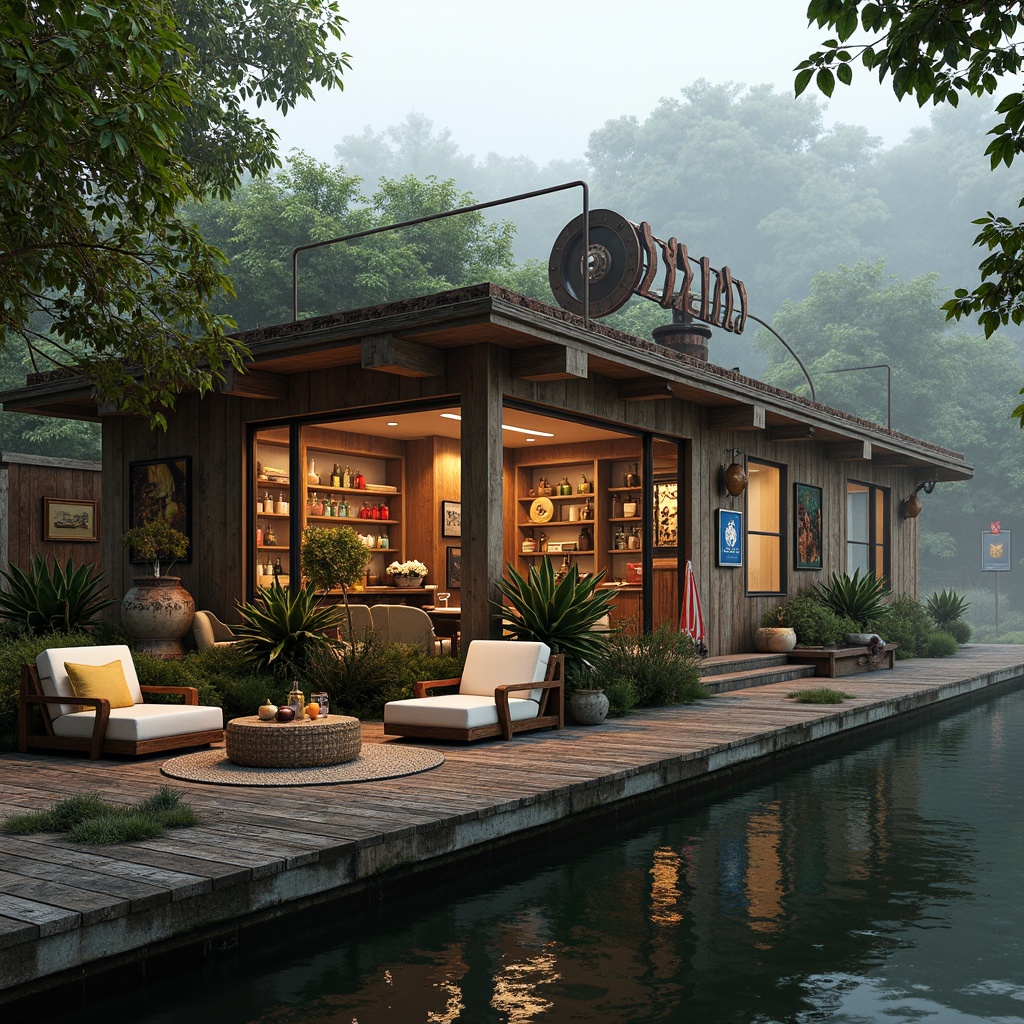 Prompt: Whimsical boathouse, eclectic facade, distressed wood textures, vintage nautical elements, rusty metal accents, colorful glass bottles, woven wicker furniture, lush greenery, overgrown vegetation, misty morning atmosphere, soft warm lighting, shallow depth of field, 1/1 composition, realistic water reflections, ambient occlusion.