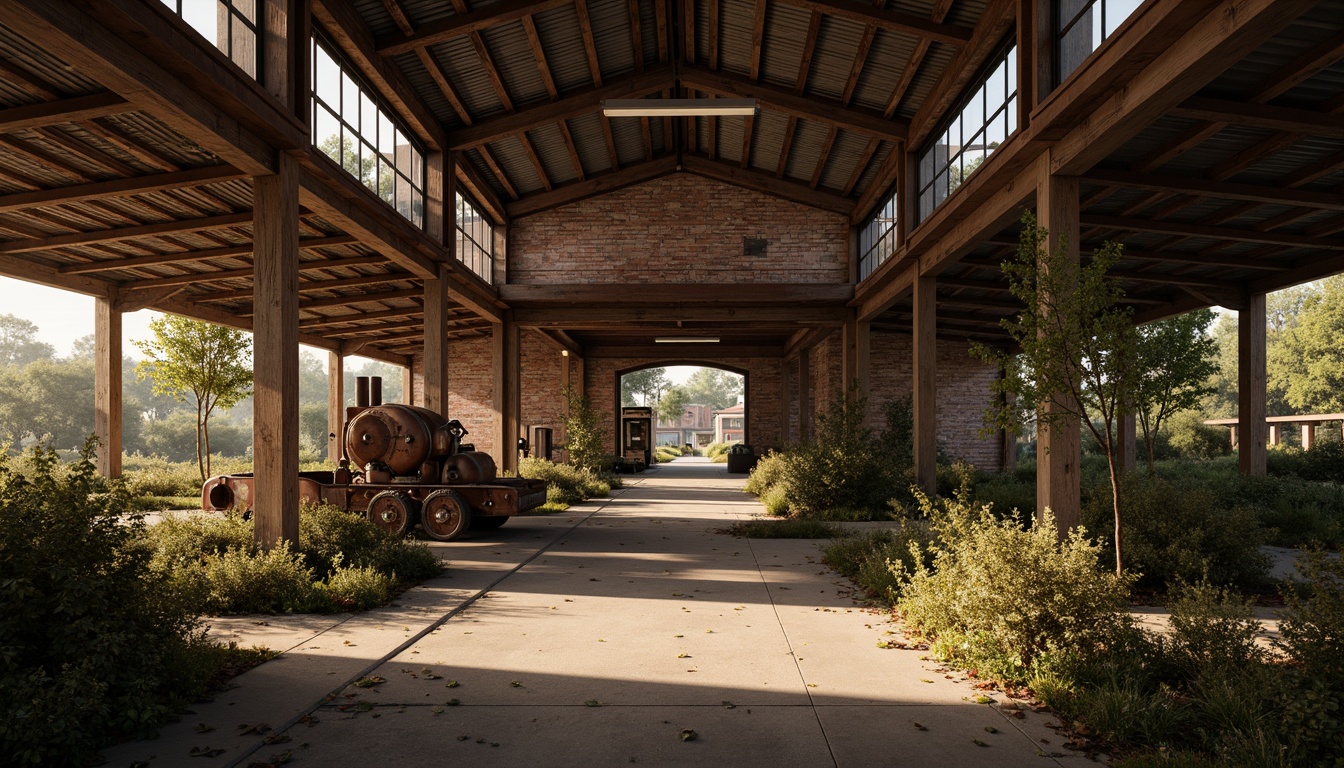 Prompt: Rustic industrial landscape, abandoned factories, distressed brick walls, corrugated metal roofs, worn wooden beams, vintage machinery, urban decay, overgrown vegetation, gritty urban atmosphere, warm golden lighting, shallow depth of field, 1/2 composition, cinematic view, realistic textures, ambient occlusion, nostalgic mood, retro-futuristic elements, exposed ductwork, concrete floors, steel columns, reclaimed wood accents, industrial chic aesthetic.