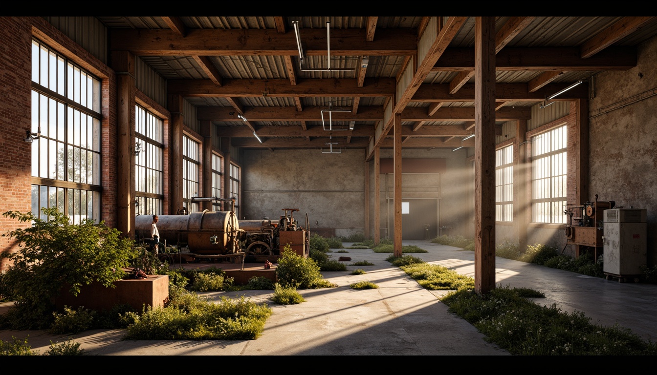 Prompt: Rustic industrial landscape, abandoned factories, distressed brick walls, corrugated metal roofs, worn wooden beams, vintage machinery, urban decay, overgrown vegetation, gritty urban atmosphere, warm golden lighting, shallow depth of field, 1/2 composition, cinematic view, realistic textures, ambient occlusion, nostalgic mood, retro-futuristic elements, exposed ductwork, concrete floors, steel columns, reclaimed wood accents, industrial chic aesthetic.