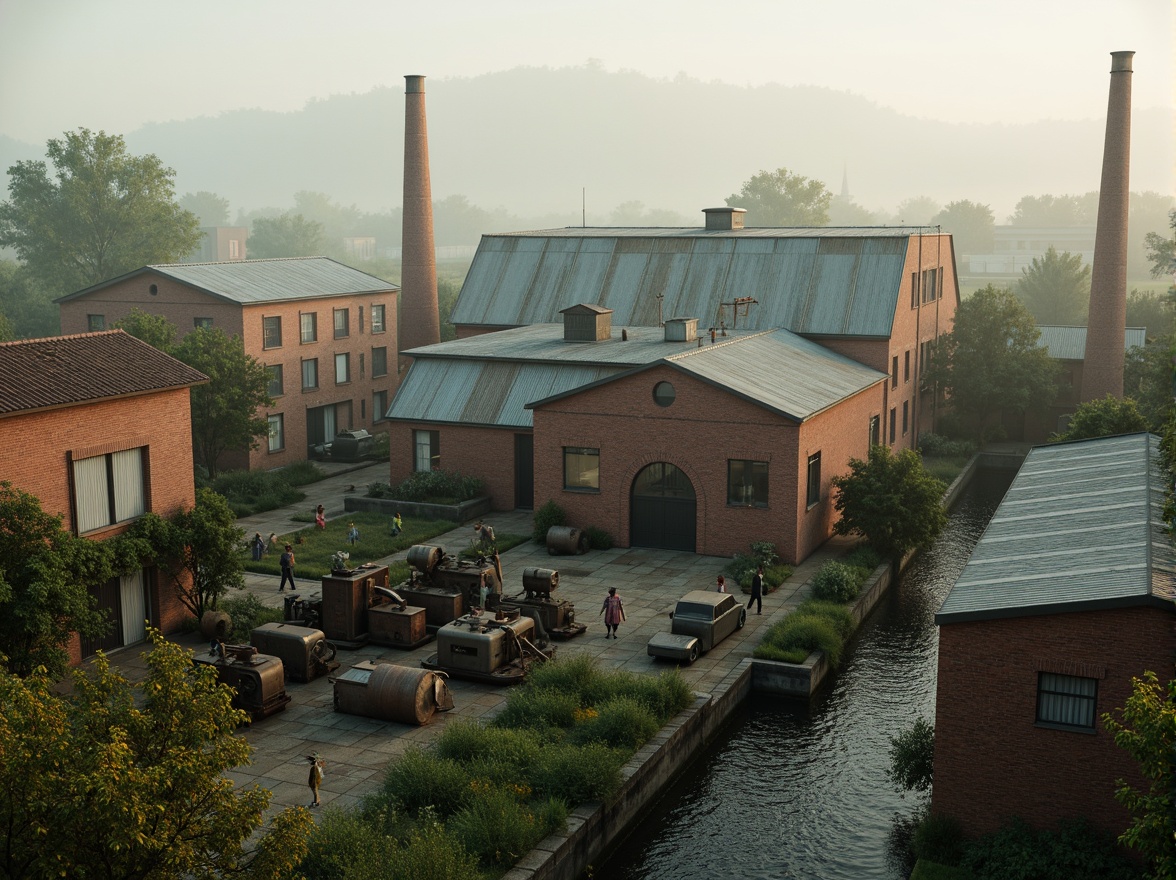 Prompt: Industrial factory complex, rustic brick buildings, corrugated metal roofs, worn concrete walls, vintage machinery, abandoned chimneys, overgrown vegetation, wildflowers, meandering streams, misty atmosphere, soft warm lighting, shallow depth of field, 3/4 composition, panoramic view, realistic textures, ambient occlusion, regionalist architectural style, functional simplicity, earthy color palette, distressed finishes, reclaimed wood accents, metal cladding, industrial heritage, nostalgic ambiance.