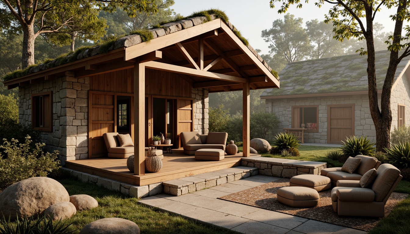 Prompt: Earthy cabin, wooden accents, natural stone walls, rustic brown furniture, woven textiles, earthy color palette, warm beige tones, soft sienna hues, moss-covered roofs, forest surroundings, misty morning, warm sunlight, shallow depth of field, 1/1 composition, realistic textures, ambient occlusion.