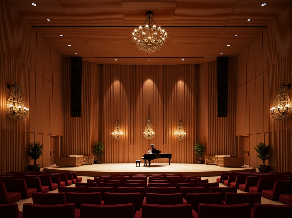 Prompt: Intimate concert hall, wooden acoustic panels, sound-absorbing materials, curved lines, minimalist decor, warm ambient lighting, shallow stage, grand piano, professional audio equipment, high ceilings, ornate chandeliers, plush red seats, velvet curtains, dramatic spotlights, 1/1 composition, soft focus, realistic textures, subtle reflections.