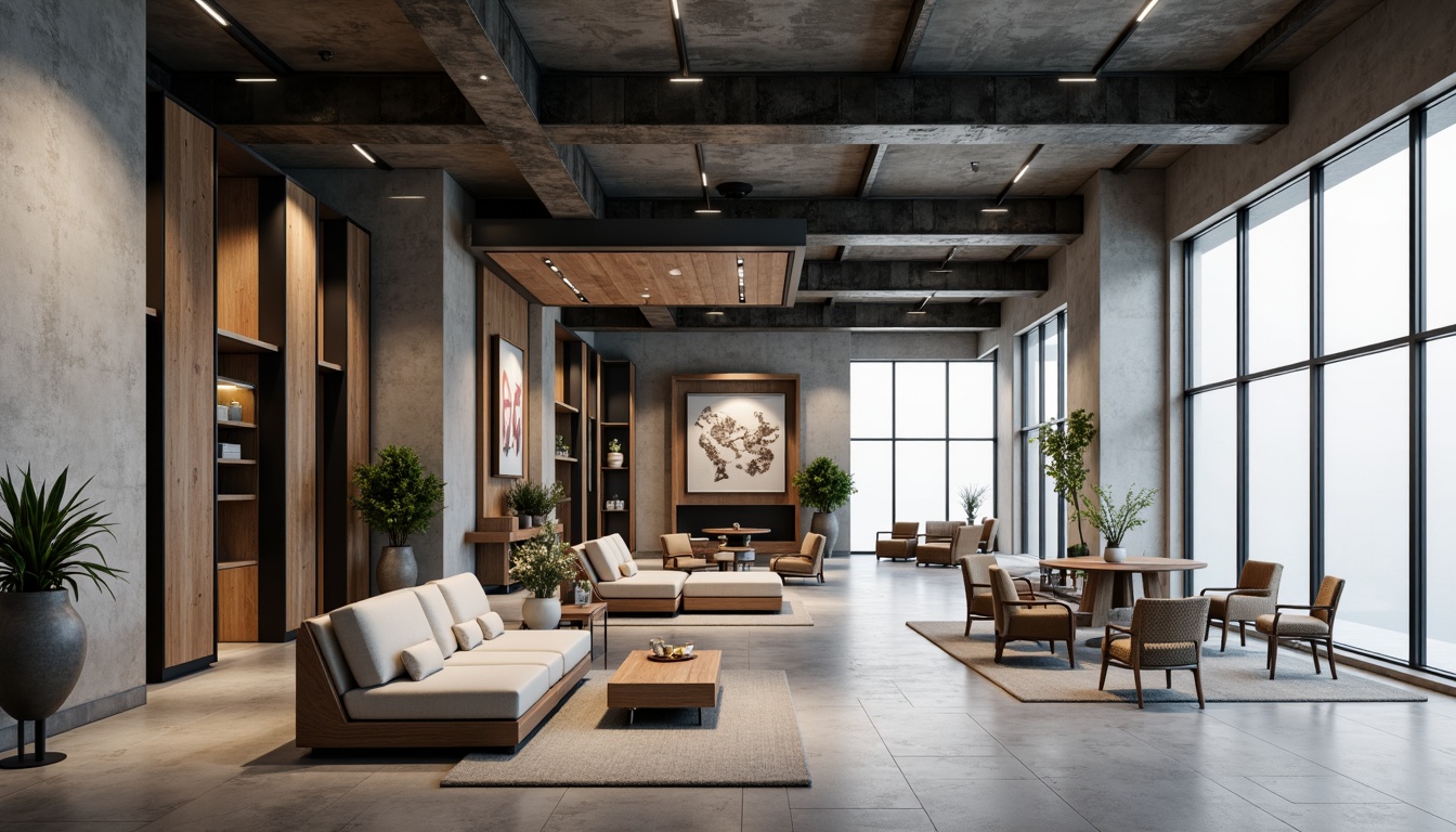 Prompt: Monochromatic interior, sleek lines, minimal ornamentation, industrial materials, exposed concrete walls, polished steel beams, reclaimed wood accents, matte black metal frames, frosted glass partitions, natural fiber textiles, earthy color palette, subtle texture contrasts, soft diffused lighting, 1/1 composition, shallow depth of field, realistic renderings.