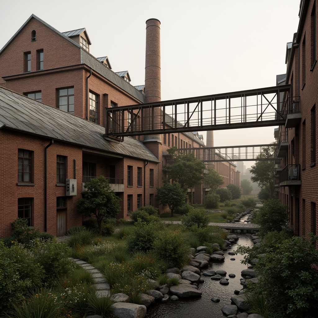 Prompt: Industrial factory complex, rustic brick buildings, corrugated metal roofs, worn concrete walls, vintage machinery, abandoned chimneys, overgrown vegetation, wildflowers, meandering streams, misty atmosphere, soft warm lighting, shallow depth of field, 3/4 composition, panoramic view, realistic textures, ambient occlusion, regionalism-inspired architecture, modern industrial design, functional spaces, exposed ductwork, metal catwalks, reclaimed wood accents, earthy color palette, natural stone pathways, weathered steel bridges.