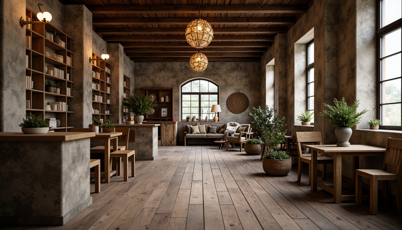 Prompt: Weathered wooden planks, rusty metal accents, distressed concrete walls, reclaimed wood furniture, earthy color palette, natural textiles, woven baskets, vintage decorative items, cozy ambient lighting, soft warm glow, shallow depth of field, 3/4 composition, realistic textures, ambient occlusion.