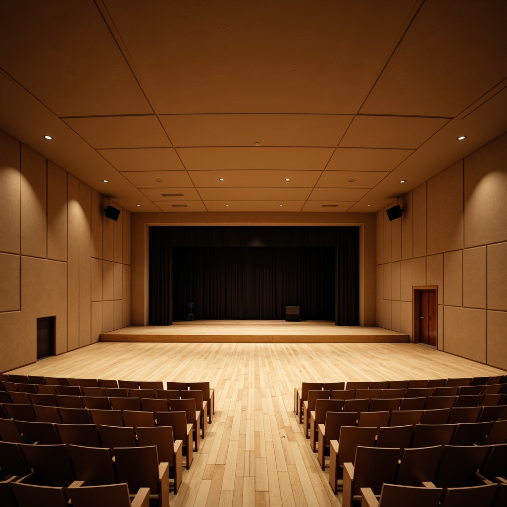 Prompt: Minimalist auditorium interior, sleek wooden floors, sound-absorbing panels, curved lines, geometric shapes, subtle lighting, warm beige tones, comfortable seating, optimized speaker placement, precise acoustic calculations, reverberation control, echo reduction, crystal-clear sound quality, intimate performance atmosphere, shallow stage design, dramatic spotlights, soft shadows, 1/1 composition, realistic textures, ambient occlusion.