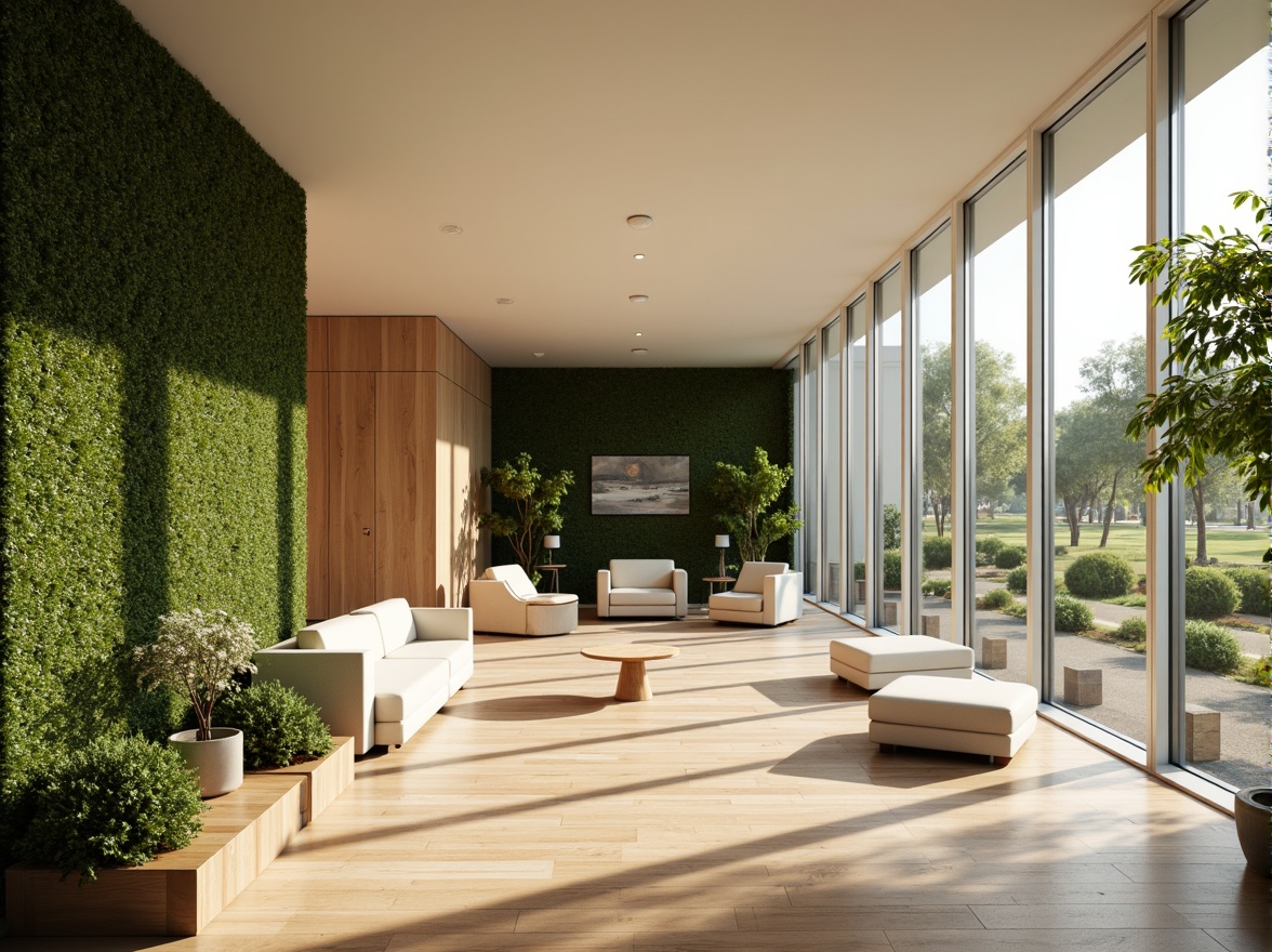 Prompt: Sleek rehabilitation center, minimalist architecture, large windows, natural light pouring in, soft warm glow, calming atmosphere, neutral color palette, wooden floors, simple furniture, greenery walls, living plants, peaceful ambiance, subtle textures, shallow depth of field, 1/1 composition, realistic rendering, ambient occlusion, gentle shadows, warm beige tones, creamy whites, soft grays, natural stone accents, organic shapes, serene outdoor spaces, lush gardens, walking paths, tranquil water features.