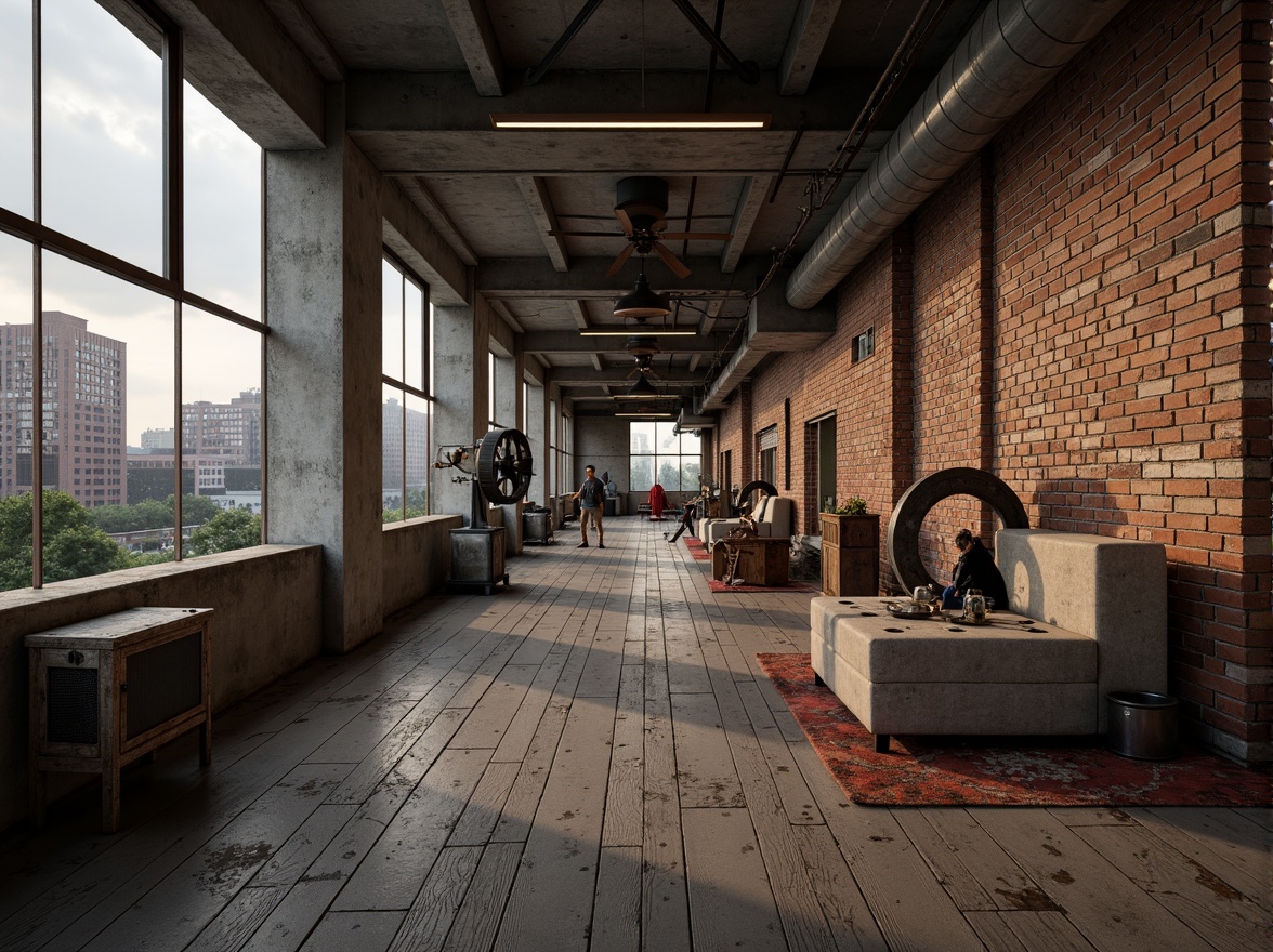 Prompt: Industrial factory setting, exposed brick walls, metal beams, worn wooden floors, distressed concrete textures, vintage machinery, rusty pipes, urban cityscape, cloudy grey skies, warm golden lighting, shallow depth of field, 1/2 composition, realistic render, ambient occlusion, muted color palette, earthy tones, weathered steel blues, faded reds, industrial greens, creamy whites, worn leather accents, metallic sheens.