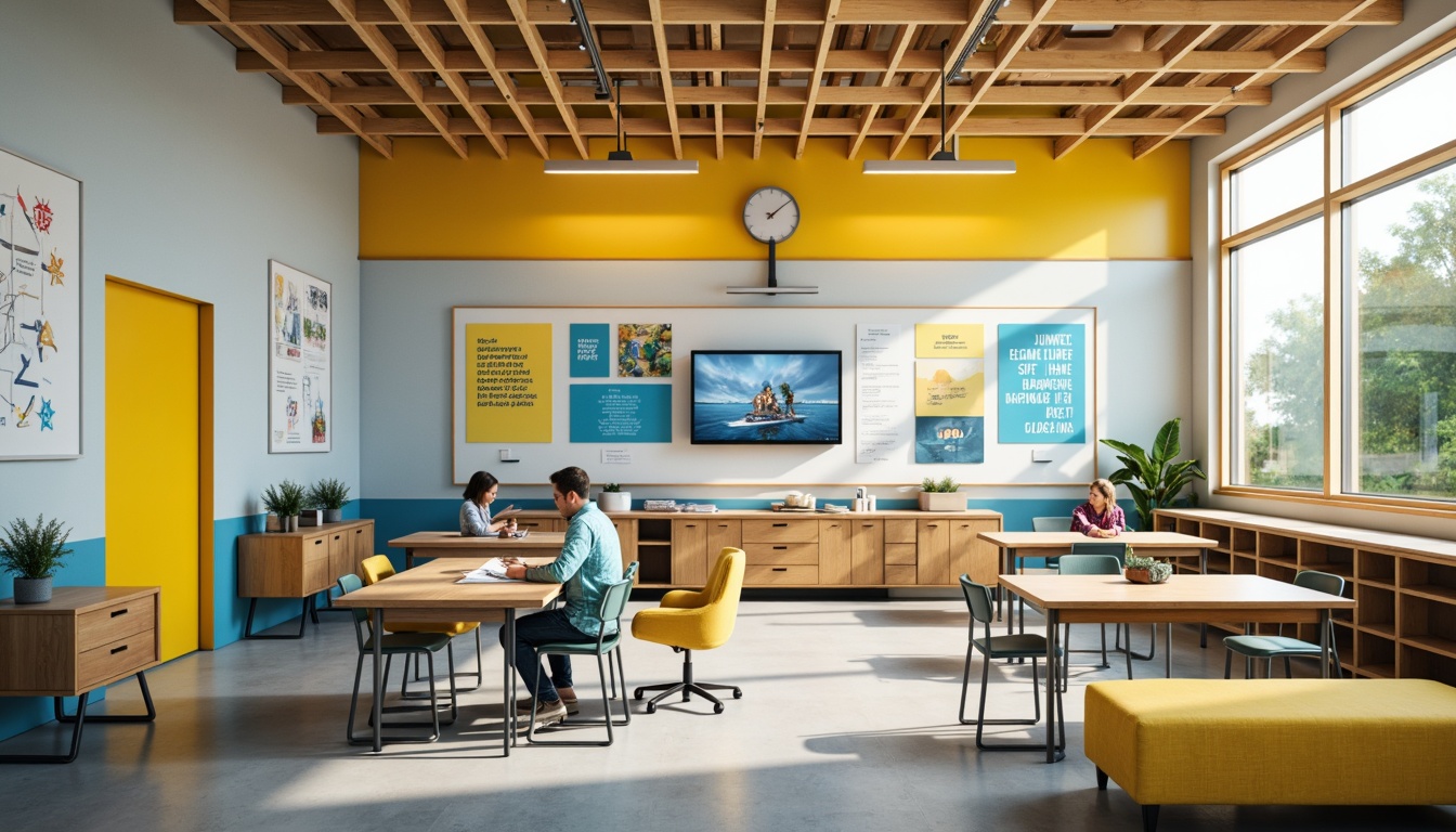 Prompt: Vibrant classroom, stimulating colors, energetic yellow accents, calming blue tones, neutral beige backgrounds, inspirational quotes, educational posters, interactive whiteboards, modern furniture designs, ergonomic chairs, collaborative learning spaces, natural light pouring in, soft warm lighting, shallow depth of field, 3/4 composition, realistic textures, ambient occlusion.