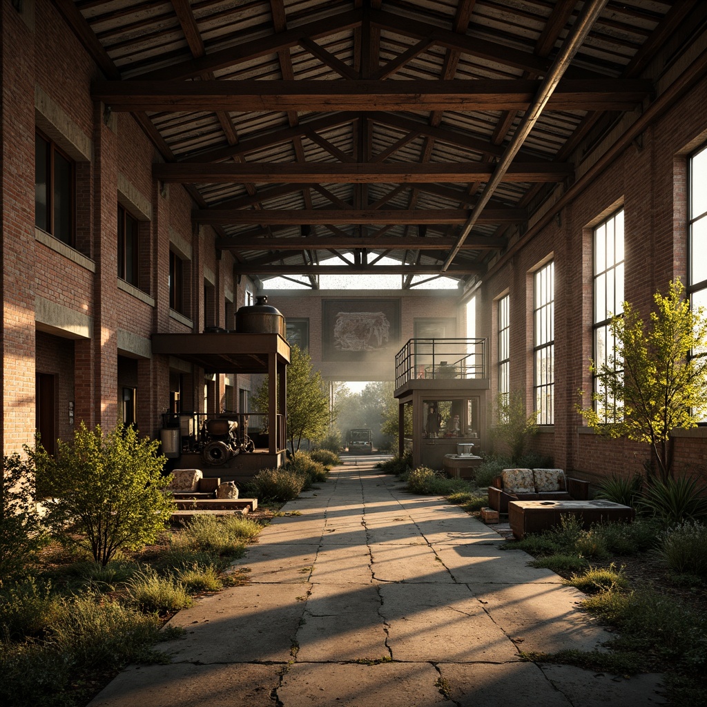 Prompt: Rustic industrial landscape, abandoned factories, distressed brick walls, corrugated metal roofs, worn wooden beams, vintage machinery, urban decay, overgrown vegetation, gritty urban atmosphere, warm golden lighting, shallow depth of field, 1/2 composition, cinematic view, realistic textures, ambient occlusion, nostalgic mood, retro-futuristic elements, exposed ductwork, concrete floors, steel columns, reclaimed wood accents, industrial chic aesthetic.