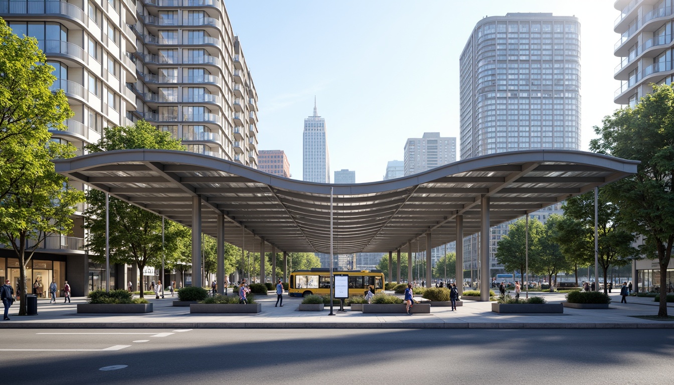 Prompt: Curved bus station canopy, sleek metal framework, transparent glass roofs, modern minimalist architecture, efficient passenger flow, streamlined waiting areas, comfortable seating, real-time information displays, intuitive wayfinding systems, urban cityscape, morning commute, soft natural lighting, shallow depth of field, 1/1 composition, realistic reflections, ambient occlusion.