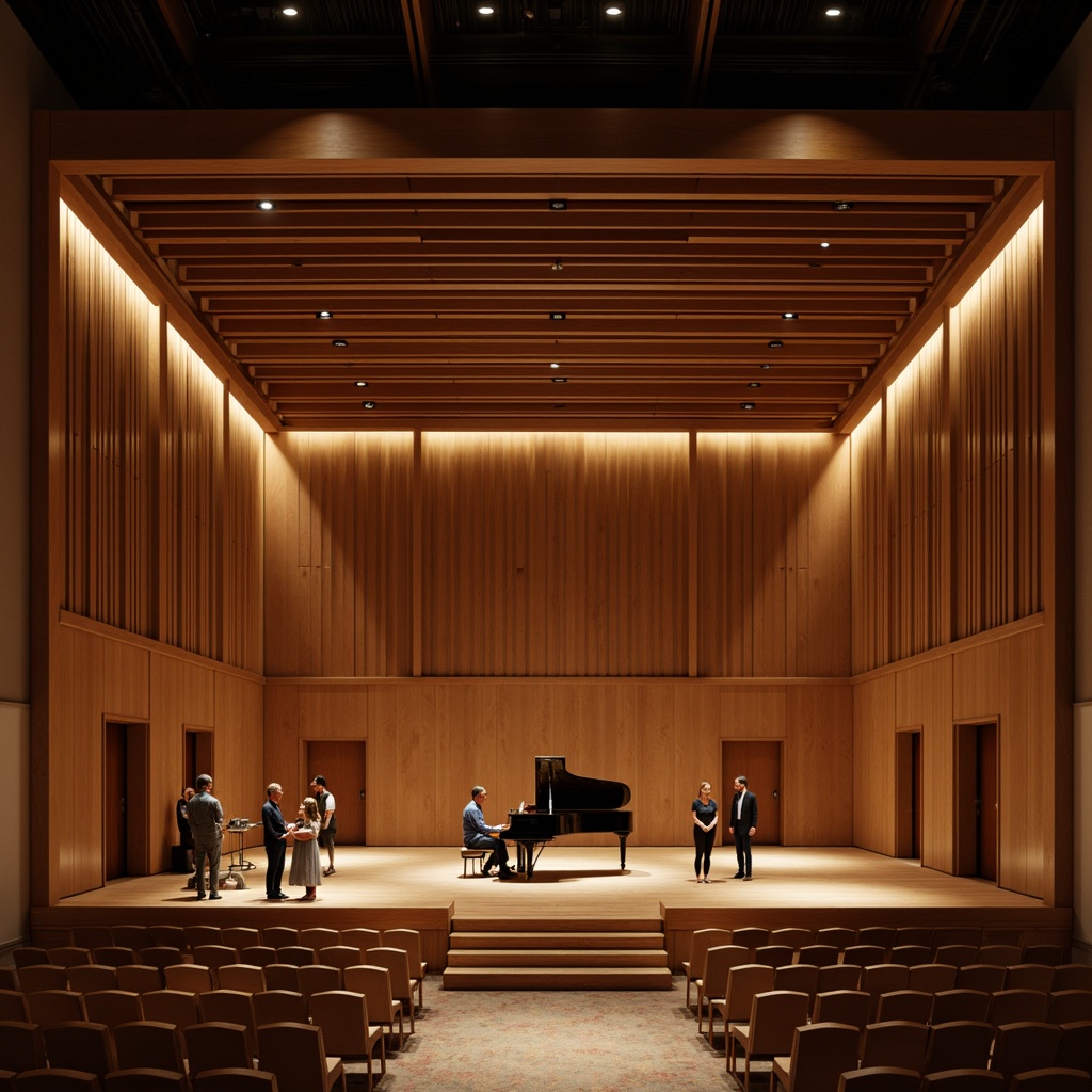 Prompt: Intimate concert hall, wooden acoustic panels, sound-absorbing materials, curved lines, minimalist decor, professional stage lighting, grand piano, comfortable seating, warm ambiance, soft carpeting, rich wood tones, precise sound reflections, 3/4 composition, shallow depth of field, realistic textures, ambient occlusion.