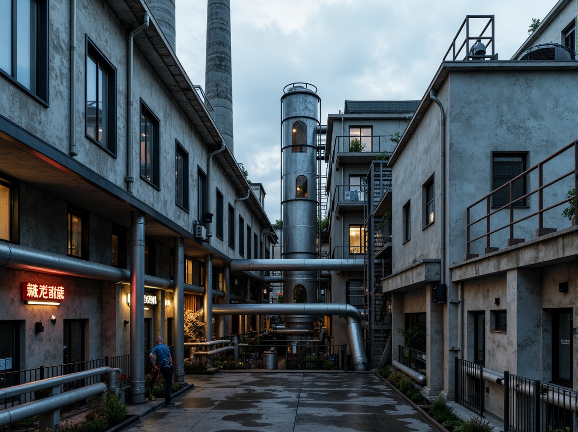 Prompt: Industrial energy plant, metallic surfaces, rusted steel beams, concrete foundations, exposed pipes, functional machinery, control panels, warning signs, neon lights, reflective glass windows, brutalist architecture, urban landscape, cloudy sky, dramatic lighting, high contrast, 1/2 composition, cinematic mood, realistic textures, ambient occlusion.