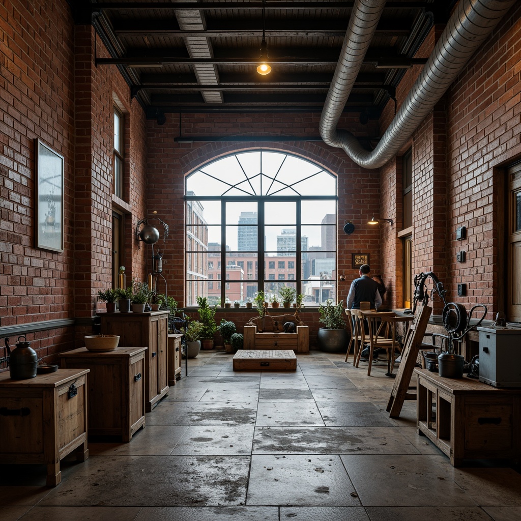 Prompt: Rustic industrial factory, exposed brick walls, metallic beams, reclaimed wood accents, distressed concrete floors, vintage machinery, urban cityscape, cloudy grey sky, warm soft lighting, shallow depth of field, 1/1 composition, realistic textures, ambient occlusion, worn wooden crates, old-fashioned lanterns, faded signage, eclectic mix of materials, post-industrial aesthetic, nostalgic atmosphere.