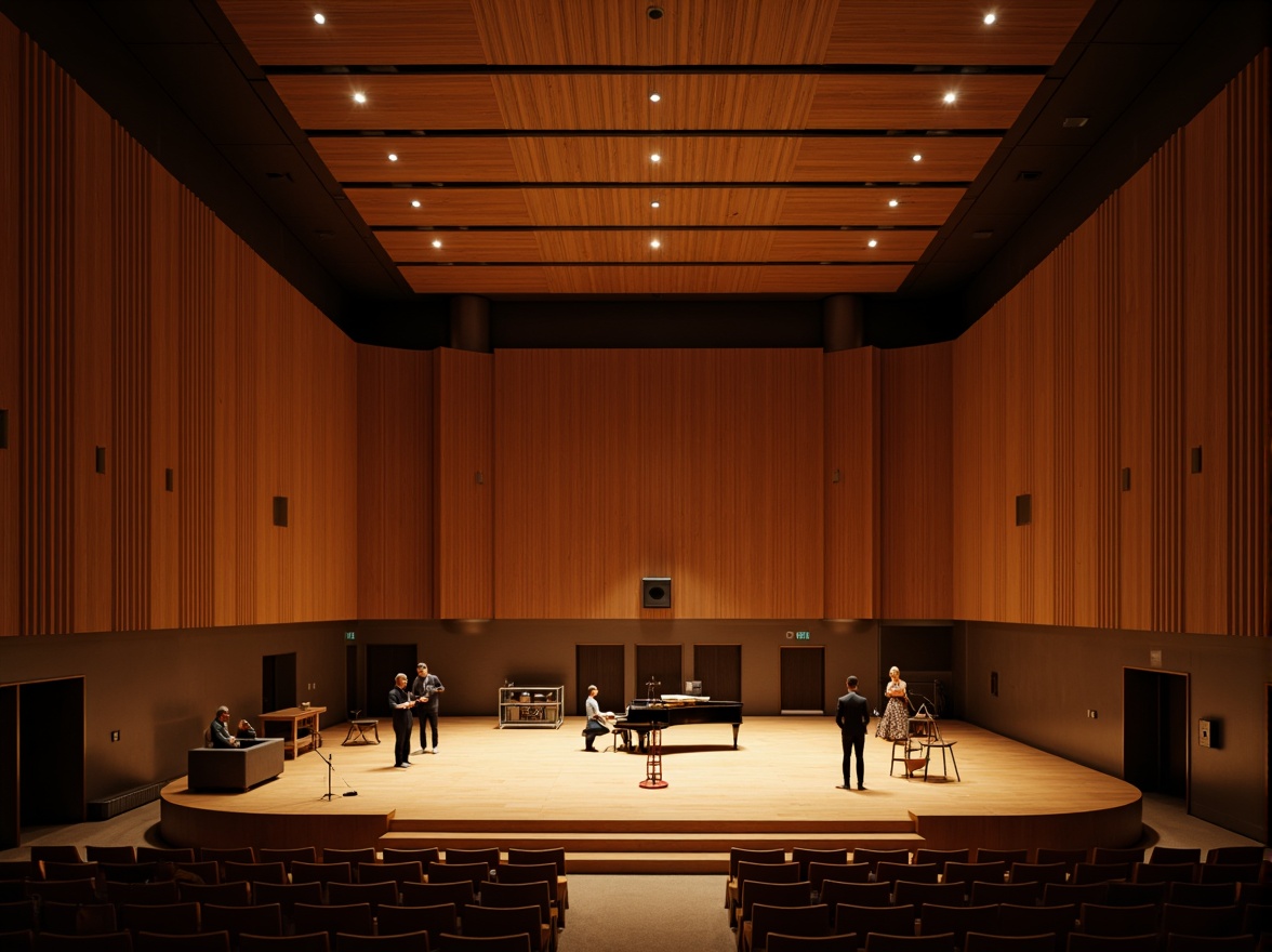 Prompt: Intimate concert hall, wooden acoustic panels, sound-absorbing materials, curved lines, minimalist decor, warm ambient lighting, shallow stage, grand piano, professional audio equipment, microphone stands, speaker systems, soundproofing, reverberation control, optimal seating arrangement, 3/4 composition, soft focus, warm color palette, realistic textures.