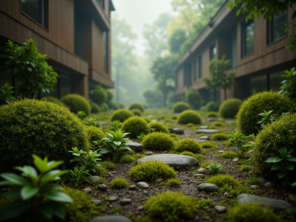 Prompt: Mossy forest floor, lush greenery, misty atmosphere, natural stone walls, wooden accents, earthy tones, organic textures, soft warm lighting, shallow depth of field, 3/4 composition, panoramic view, realistic foliage, ambient occlusion, serene ambiance, whimsical details, intricate patterns, nature-inspired design.