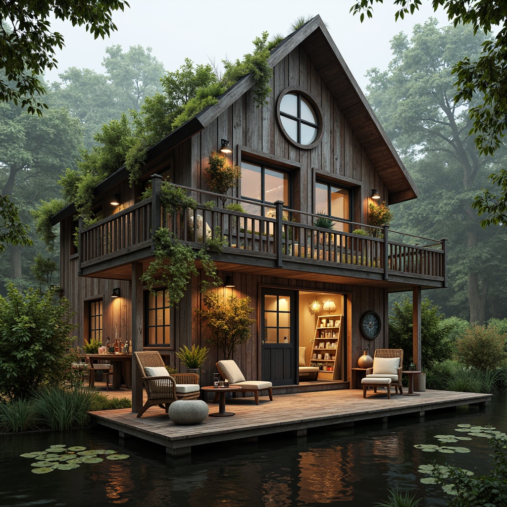 Prompt: Whimsical boathouse, eclectic facade, distressed wood textures, vintage nautical elements, rusty metal accents, colorful glass bottles, woven wicker furniture, lush greenery, overgrown vegetation, misty morning atmosphere, soft warm lighting, shallow depth of field, 1/1 composition, realistic water reflections, ambient occlusion.