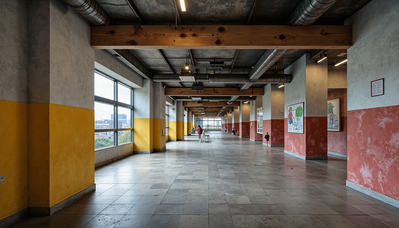 Prompt: Rough-hewn concrete walls, exposed ductwork, industrial metal beams, polished wooden accents, bold color blocking, natural stone flooring, brutalist architecture, middle school setting, educational murals, urban landscape views, overcast skies, dramatic shadows, high-contrast lighting, 1/1 composition, symmetrical framing, gritty textures, ambient occlusion.