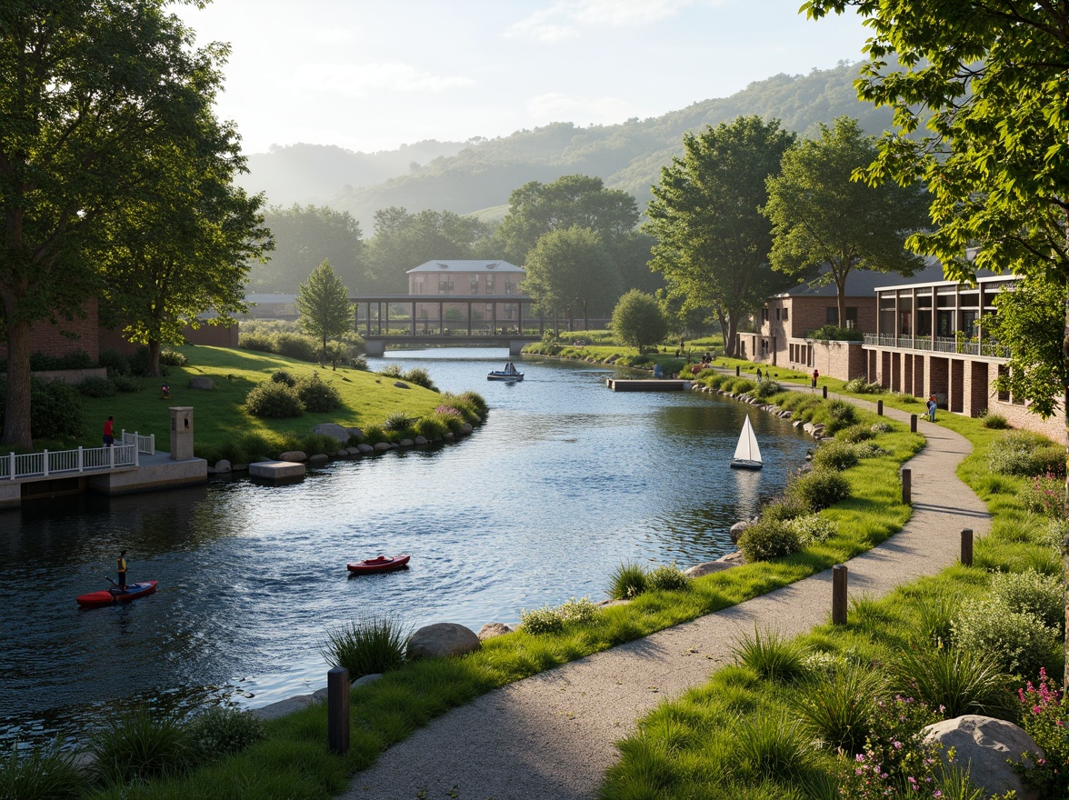 Prompt: Riverbank landscape, lush green vegetation, serene water flow, natural stone walls, wooden docks, sailboats, kayaks, paddleboards, scenic walking paths, benches, picnic areas, vibrant flowers, blooming trees, sunny day, soft warm lighting, shallow depth of field, 3/4 composition, panoramic view, realistic textures, ambient occlusion, gentle river breeze, misty atmosphere, rustic wooden bridges, meandering river streams, tranquil water reflections.