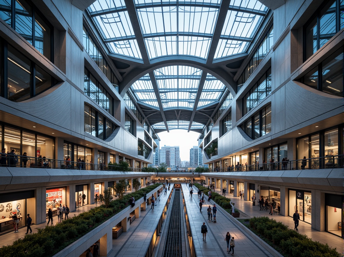 Prompt: Futuristic transportation hub, curved metallic structures, dynamic LED lighting, sleek glass fa\u00e7ades, angular steel beams, cantilevered roofs, elevated walkways, bustling pedestrian zones, vibrant urban landscapes, morning rush hour atmosphere, soft natural light, shallow depth of field, 1/2 composition, panoramic view, realistic reflections, ambient occlusion, intricate network patterns, high-tech materials, sustainable energy systems, green roofs, innovative ventilation technologies.