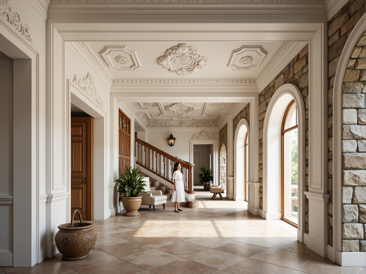 Prompt: Ornate plaster ceilings, decorative moldings, smooth white finishes, textured surfaces, rustic stone walls, classical architectural details, grand entrance halls, sweeping staircases, luxurious interior design, soft warm lighting, shallow depth of field, 3/4 composition, realistic textures, ambient occlusion.