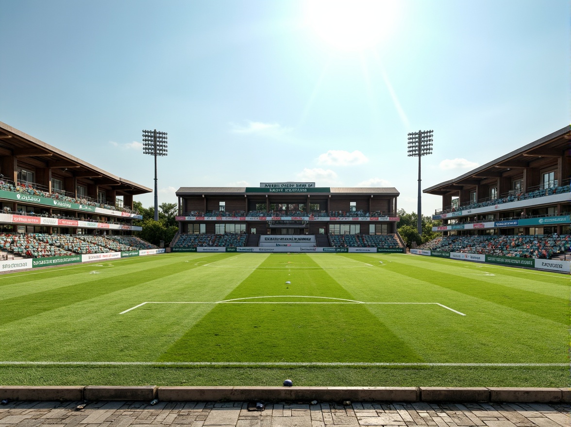 Prompt: Minimalist sports fields, lush green grass, subtle earthy tones, weathered wood bleachers, sleek metal goalposts, clean white lines, vibrant team colors, bold typography, natural stone pathways, rustic chain-link fences, clear blue skies, warm sunny days, soft diffused lighting, shallow depth of field, 3/4 composition, panoramic view, realistic textures, ambient occlusion.