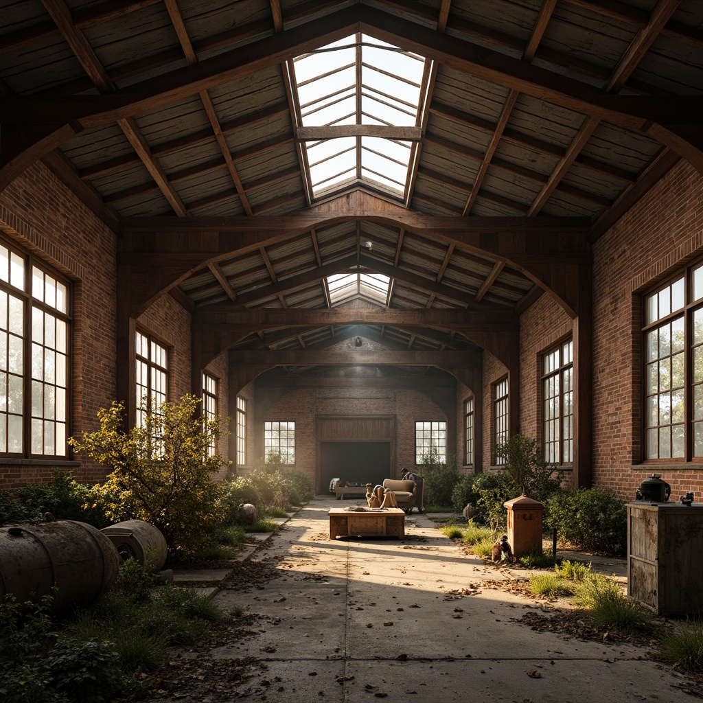 Prompt: Rustic industrial landscape, abandoned factories, distressed brick walls, corrugated metal roofs, worn wooden beams, vintage machinery, urban decay, overgrown vegetation, gritty urban atmosphere, warm golden lighting, shallow depth of field, 1/2 composition, cinematic view, realistic textures, ambient occlusion, nostalgic mood, retro-futuristic elements, exposed ductwork, concrete floors, steel columns, reclaimed wood accents, industrial chic aesthetic.