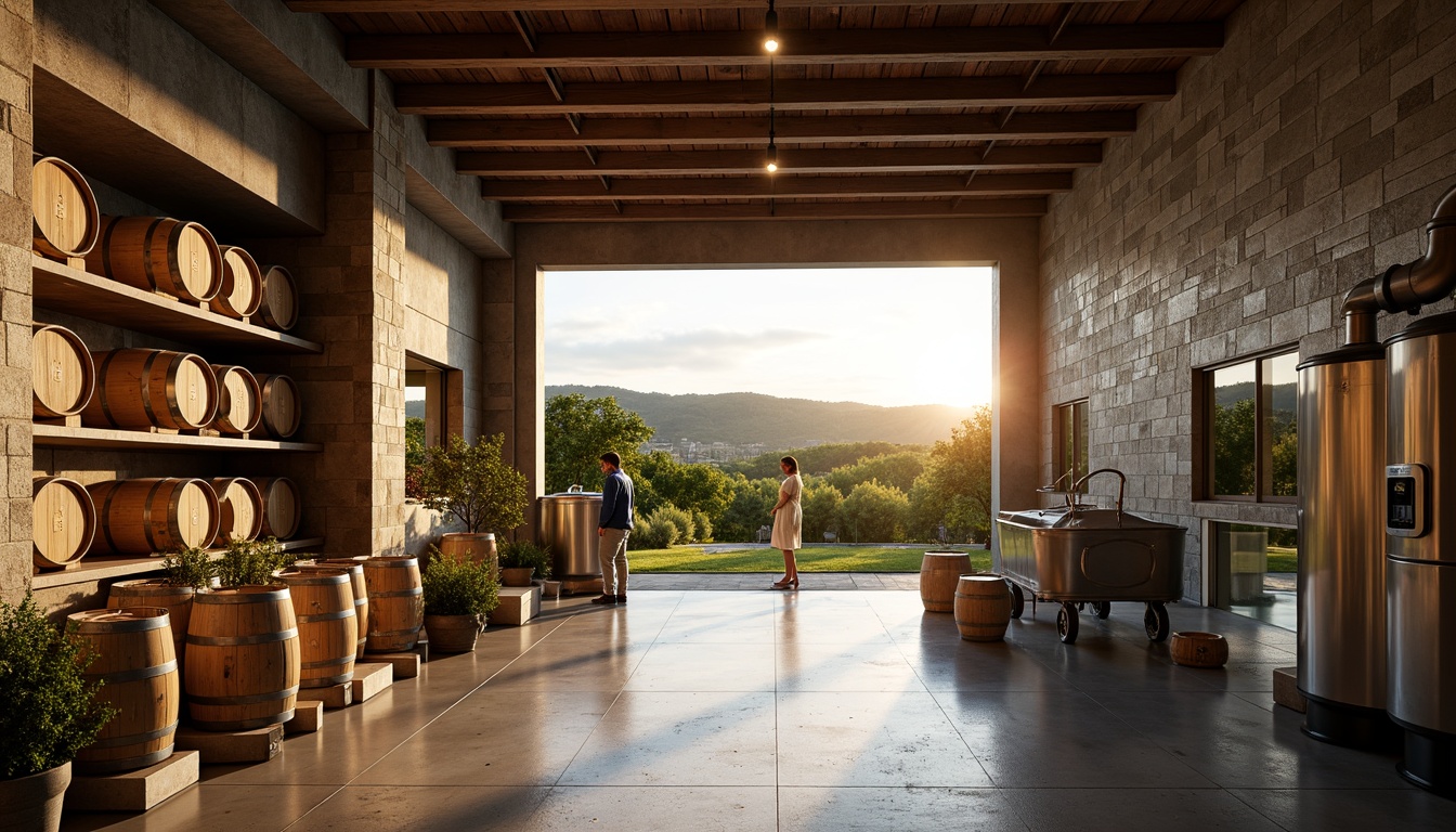 Prompt: Rustic winery, wooden barrels, stone walls, earthy tones, natural lighting, reclaimed wood accents, industrial metal beams, polished concrete floors, glass wine tanks, stainless steel equipment, vineyard views, rolling hills, lush greenery, sunny afternoon, warm golden lighting, shallow depth of field, 2/3 composition, realistic textures, ambient occlusion.