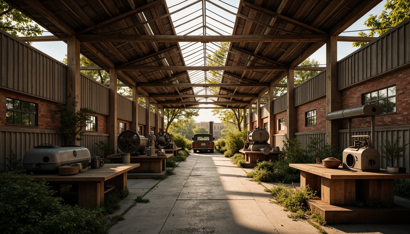 Prompt: Rustic industrial landscape, abandoned factories, distressed brick walls, corrugated metal roofs, worn wooden beams, vintage machinery, urban decay, overgrown vegetation, gritty urban atmosphere, warm golden lighting, shallow depth of field, 1/2 composition, cinematic view, realistic textures, ambient occlusion, nostalgic mood, retro-futuristic elements, exposed ductwork, concrete floors, steel columns, reclaimed wood accents, industrial chic aesthetic.