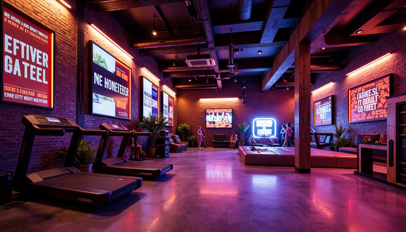 Prompt: Vibrant fitness club, energetic atmosphere, bold color scheme, neon lights, dark wood accents, metallic equipment, motivational quotes, industrial chic decor, urban loft style, exposed brick walls, polished concrete floors, dynamic lighting effects, high-contrast colors, intense reds, deep blues, electric yellows, sleek modern furniture, minimalist design, functional layout, state-of-the-art technology, futuristic ambiance, 3/4 composition, shallow depth of field, realistic textures.