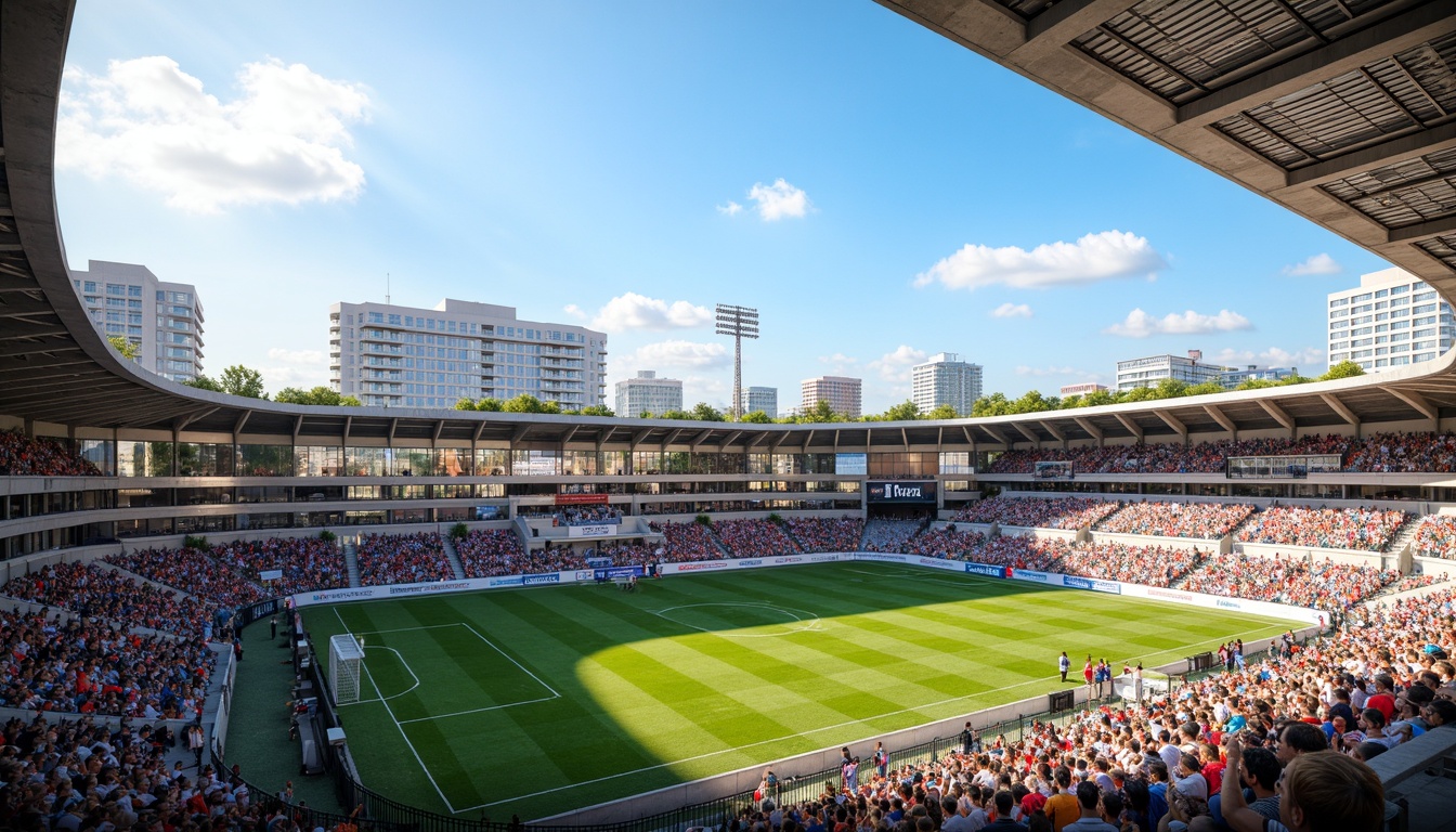 Prompt: Modern soccer stadium housing, sleek metal fa\u00e7ade, transparent glass walls, cantilevered roofs, vibrant team color accents, durable concrete floors, weather-resistant exterior cladding, energy-efficient LED lighting, spacious player lounges, state-of-the-art locker rooms, advanced athletic training facilities, panoramic views of the pitch, dynamic crowd seating areas, urban cityscape backdrop, clear blue sky, warm sunny day, shallow depth of field, 3/4 composition, realistic textures, ambient occlusion.