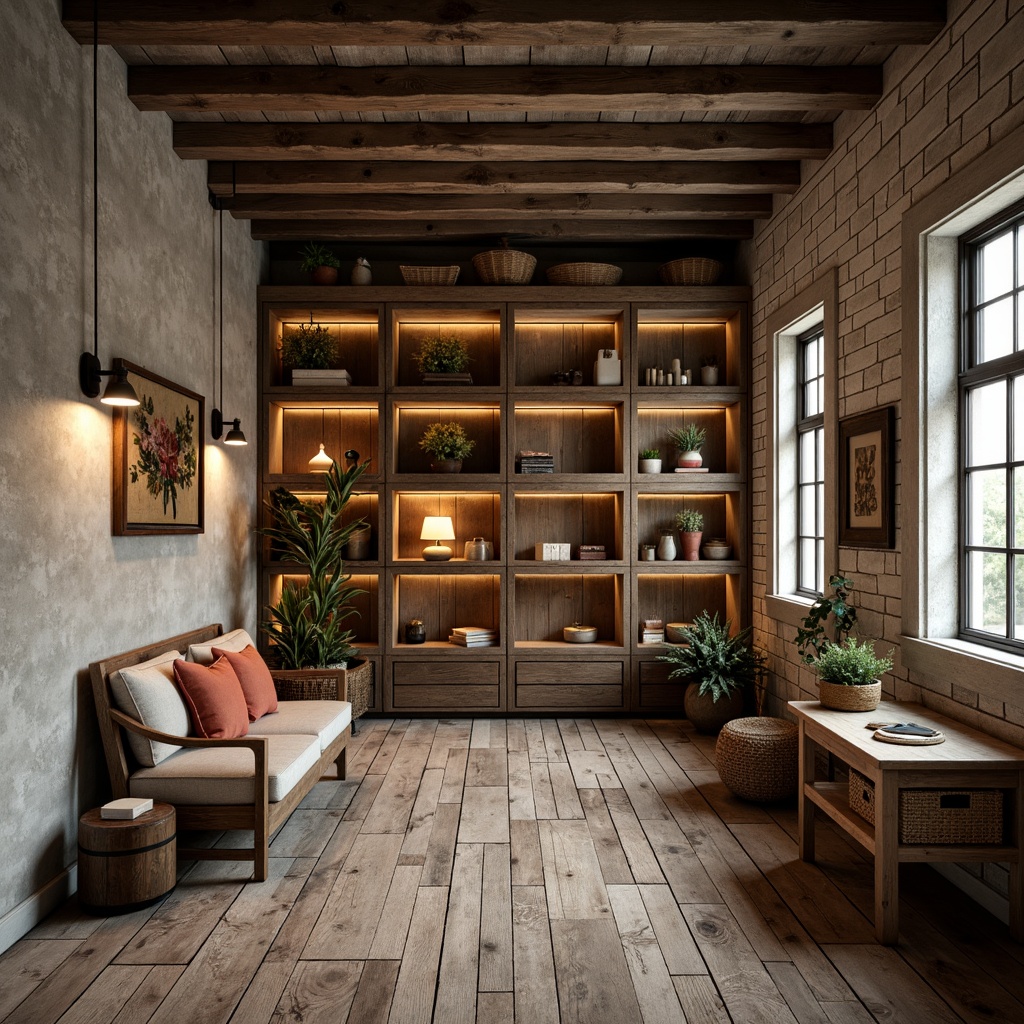 Prompt: Weathered wooden planks, rusty metal accents, distressed concrete walls, reclaimed wood furniture, earthy color palette, natural textiles, woven baskets, vintage decorative items, cozy ambient lighting, soft warm glow, shallow depth of field, 3/4 composition, realistic textures, ambient occlusion.