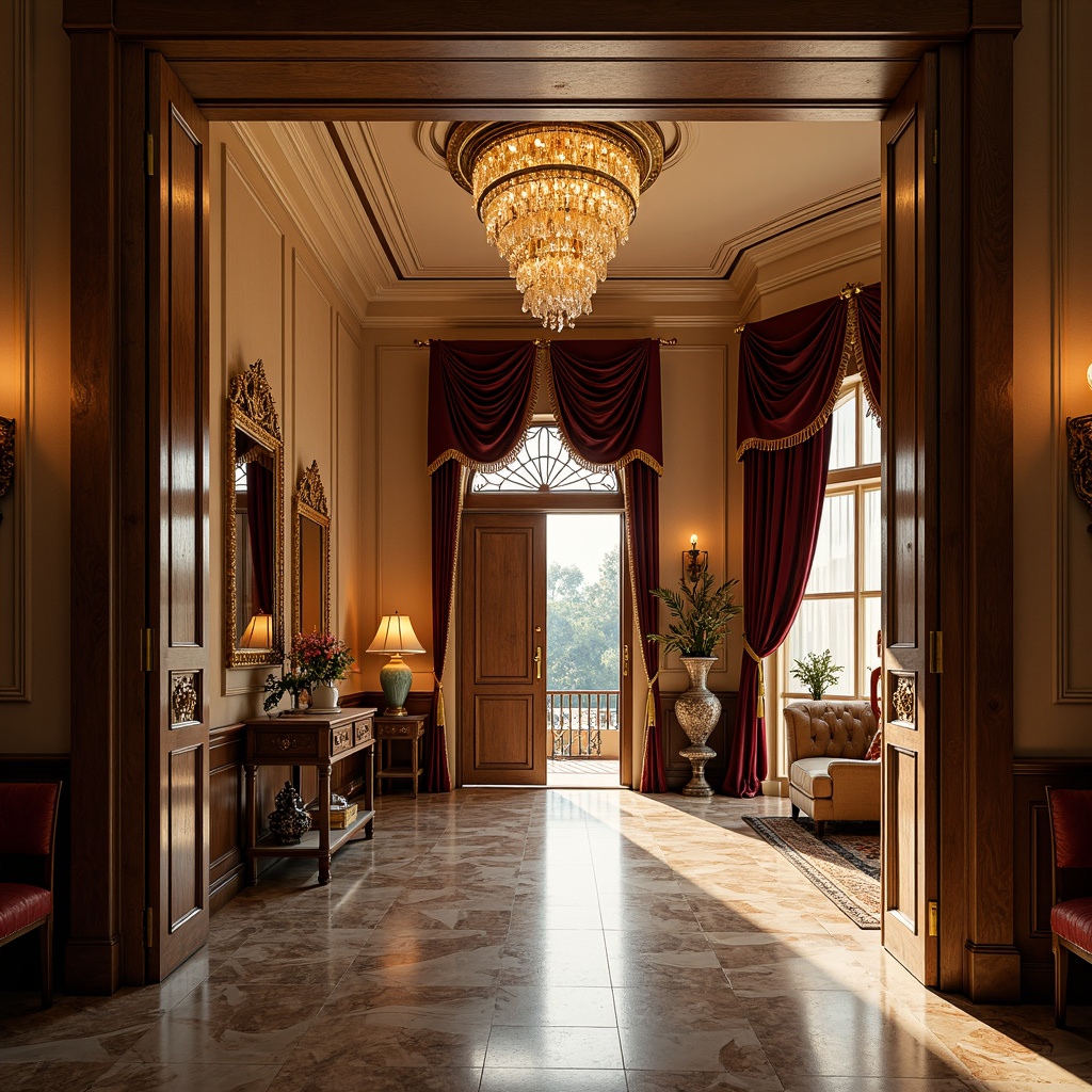 Prompt: Luxurious mansion, grand entrance, ornate doorways, intricately carved wooden doors, polished brass hardware, sweeping staircases, crystal chandeliers, lavish furnishings, rich velvet drapes, gilded frames, ornamental mirrors, decorative vases, elegant candelabras, refined marble floors, sophisticated color palette, warm golden lighting, shallow depth of field, 1/1 composition, realistic textures, ambient occlusion.