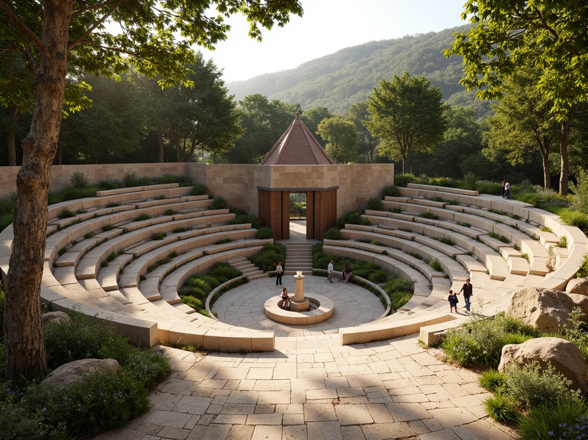 Prompt: Organic amphitheater, natural stone seating, lush greenery, curved lines, earthy tones, warm beige colors, rustic wooden accents, soft diffused lighting, dappled shade, afternoon sunbeams, gentle breeze, open-air atmosphere, panoramic views, 3/4 composition, shallow depth of field, realistic textures, ambient occlusion.