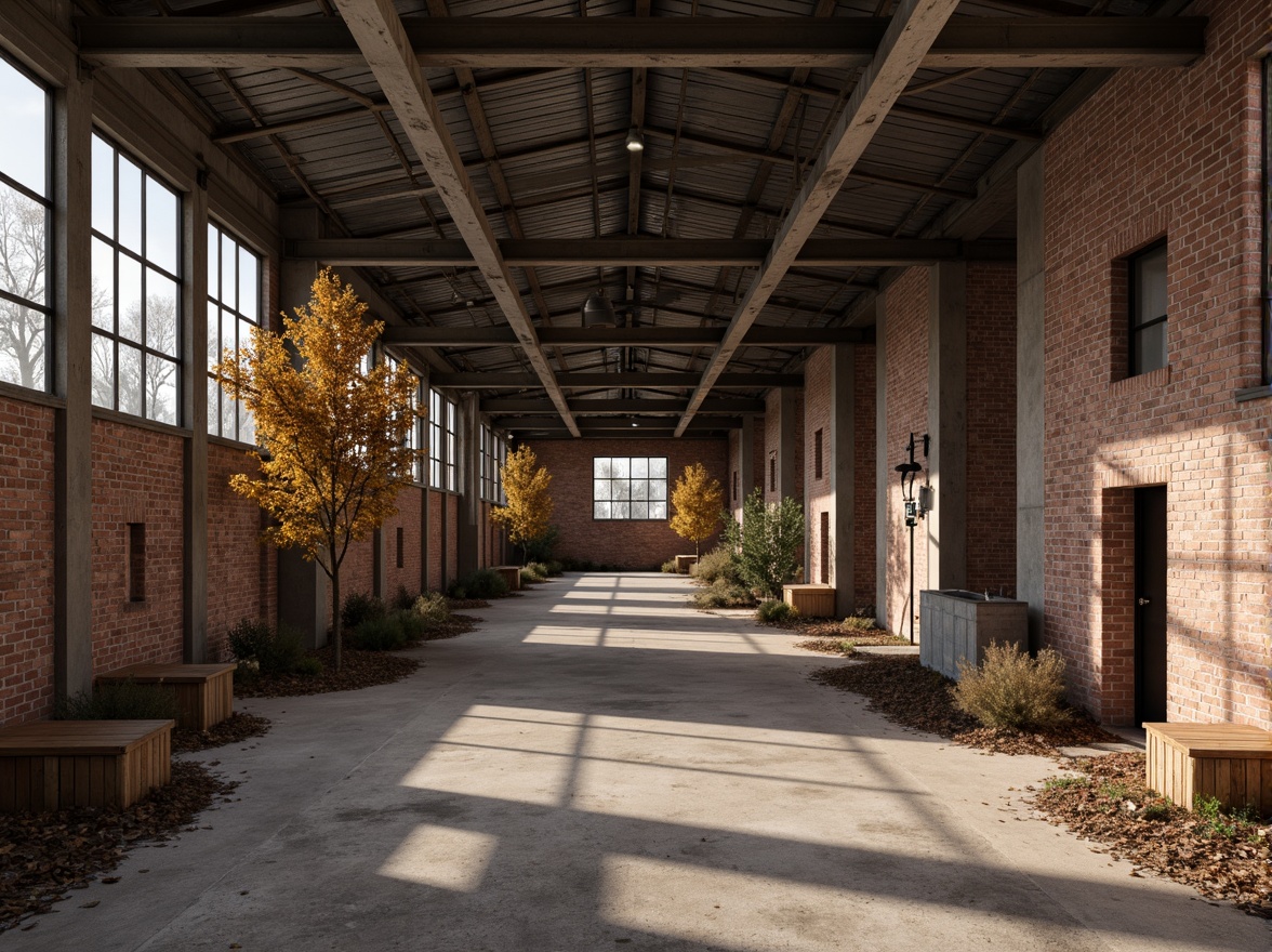 Prompt: Rustic industrial landscape, abandoned factories, worn brick walls, distressed metal roofs, reclaimed wood accents, earthy tones, natural textures, regional materials, local craftsmanship, exposed ductwork, concrete floors, steel beams, functional minimalism, industrial chic aesthetic, warm soft lighting, shallow depth of field, 1/1 composition, realistic renderings, ambient occlusion.