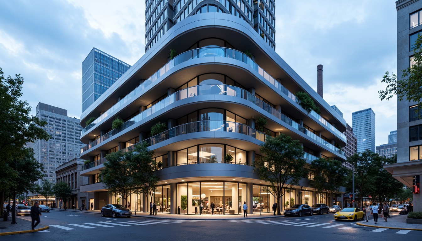 Prompt: Curved building facade, metallic materials, polished chrome accents, horizontal lines, rounded corners, minimalist ornamentation, large glass windows, sliding doors, cantilevered balconies, urban cityscape, busy streets, modern skyscrapers, cloudy blue sky, soft natural light, shallow depth of field, 2/3 composition, symmetrical framing, high-contrast lighting, detailed textures, ambient occlusion.