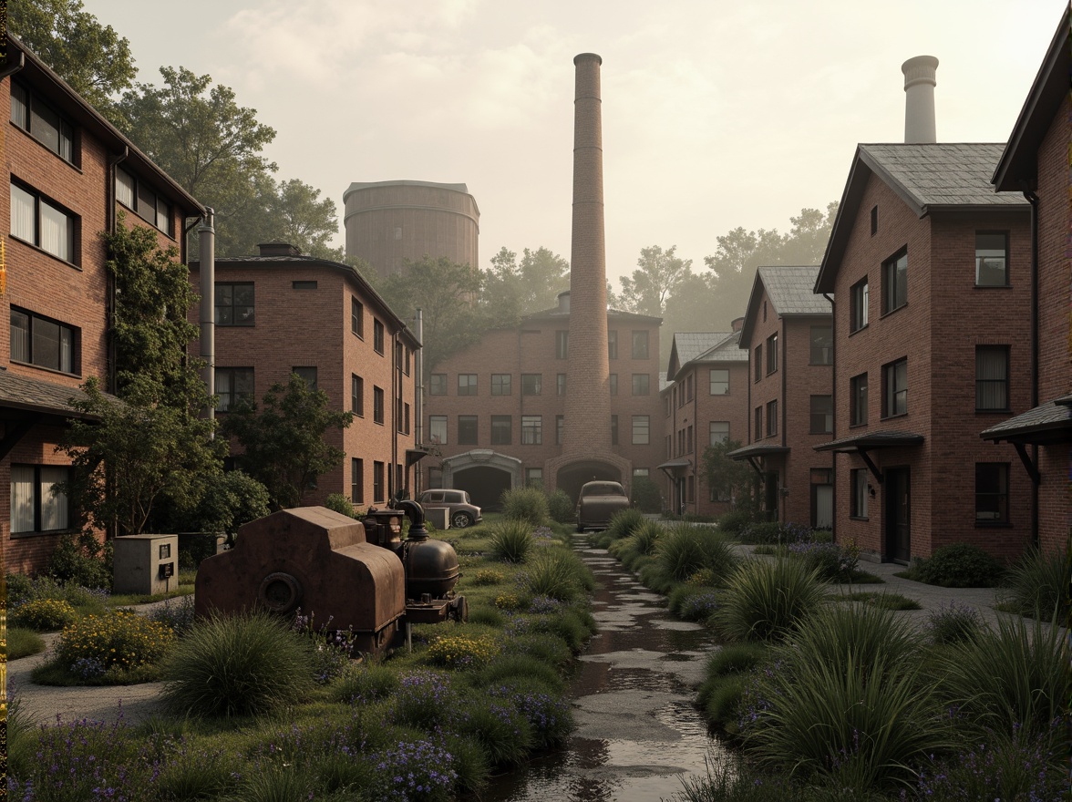 Prompt: Industrial factory complex, rustic brick buildings, corrugated metal roofs, worn concrete walls, vintage machinery, abandoned chimneys, overgrown vegetation, wildflowers, meandering streams, misty atmosphere, soft warm lighting, shallow depth of field, 3/4 composition, panoramic view, realistic textures, ambient occlusion, regionalist architectural style, functional simplicity, earthy color palette, distressed finishes, reclaimed wood accents, metal cladding, industrial heritage, nostalgic ambiance.