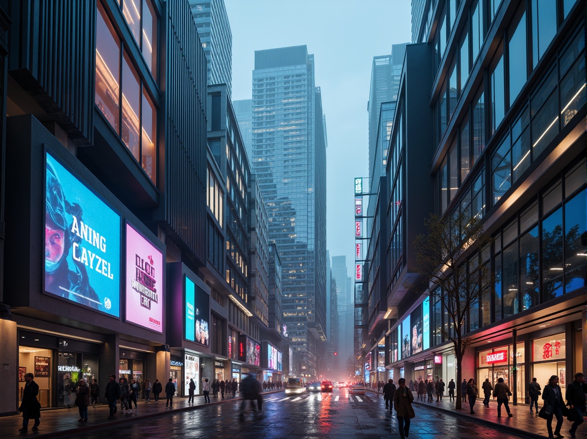 Prompt: Futuristic cityscape, neon-lit skyscrapers, metallic surfaces, holographic advertisements, sleek curves, angular lines, iridescent colors, glowing accents, LED lights, translucent materials, reflective glass facades, cyberpunk atmosphere, high-tech gadgets, robotic figures, virtual reality interfaces, augmented reality displays, 3D projections, misty fog effects, shallow depth of field, cinematic composition, futuristic typography, neon-lit streets, rainy night scene, moody lighting, ambient occlusion.