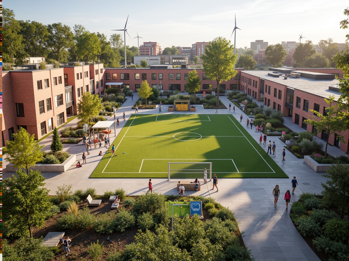 Prompt: Vibrant community center, soccer stadium backdrop, social housing complex, modern architecture, green roofs, solar panels, wind turbines, water conservation systems, eco-friendly materials, innovative cooling technologies, shaded outdoor spaces, misting systems, public art installations, street furniture, pedestrian walkways, bike lanes, community gardens, playground equipment, climbing frames, slides, swings, benches, educational signs, natural stone walkways, brick buildings, large windows, glass doors, blooming trees, sunny day, soft warm lighting, shallow depth of field, 3/4 composition, panoramic view, realistic textures, ambient occlusion.