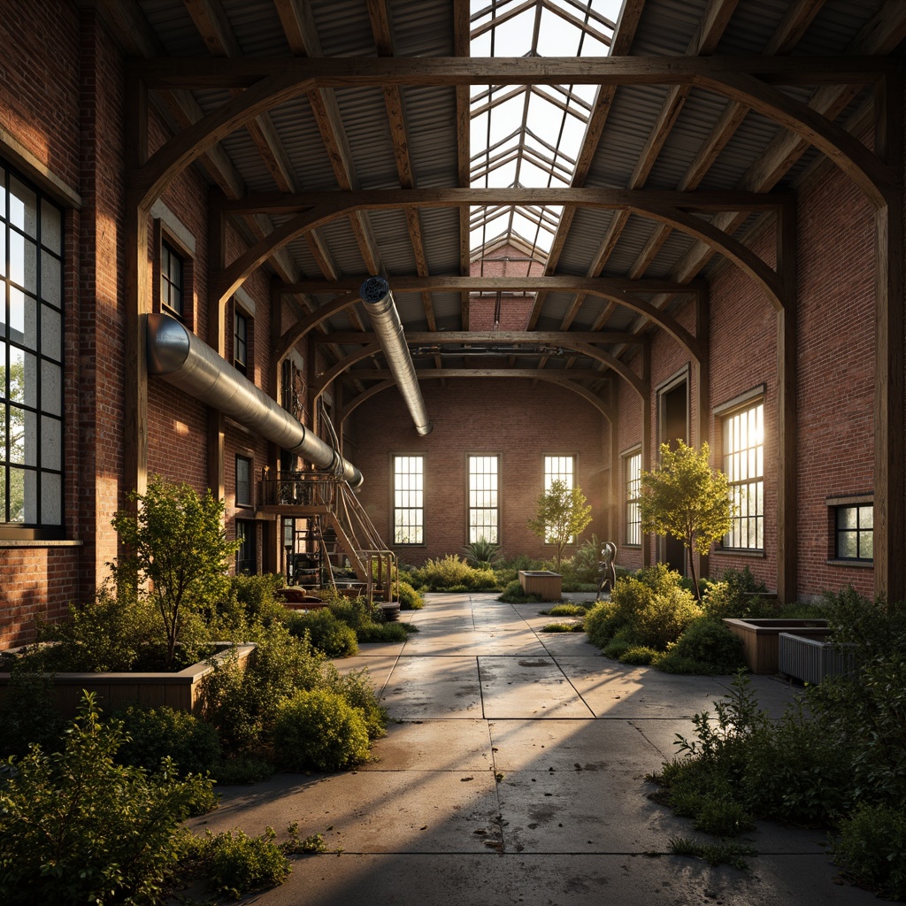 Prompt: Rustic industrial landscape, abandoned factories, distressed brick walls, corrugated metal roofs, worn wooden beams, vintage machinery, urban decay, overgrown vegetation, gritty urban atmosphere, warm golden lighting, shallow depth of field, 1/2 composition, cinematic view, realistic textures, ambient occlusion, nostalgic mood, retro-futuristic elements, exposed ductwork, concrete floors, steel columns, reclaimed wood accents, industrial chic aesthetic.