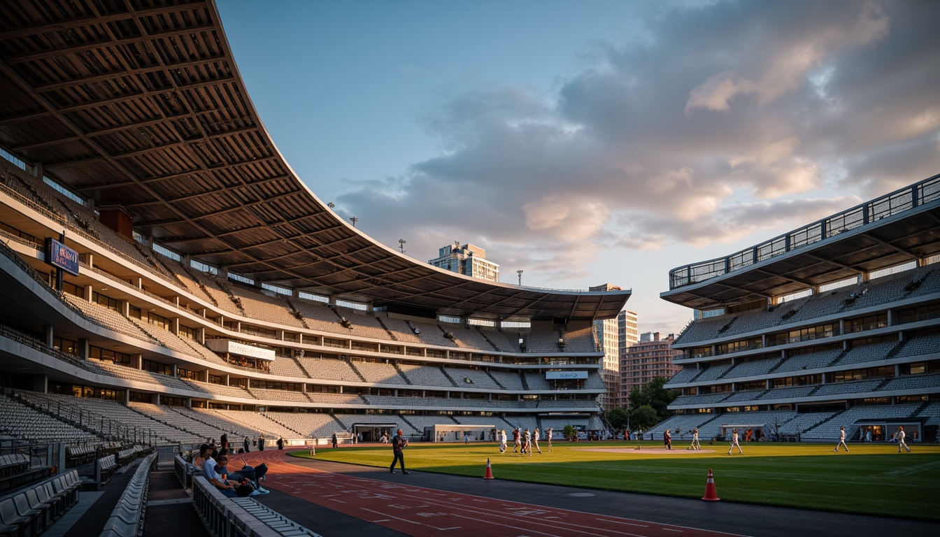 Prompt: Curved lines, aerodynamic shapes, metallic materials, polished chrome accents, cantilevered roofs, grandstand seating, athletic tracks, sports field markings, goalposts, floodlighting, evening atmosphere, warm golden lighting, shallow depth of field, 1/2 composition, symmetrical architecture, minimalist design, functional simplicity, reinforced concrete structures, ribbed vaults, arched openings, dynamic visual flow, futuristic ambiance, urban cityscape, bustling crowd activity.