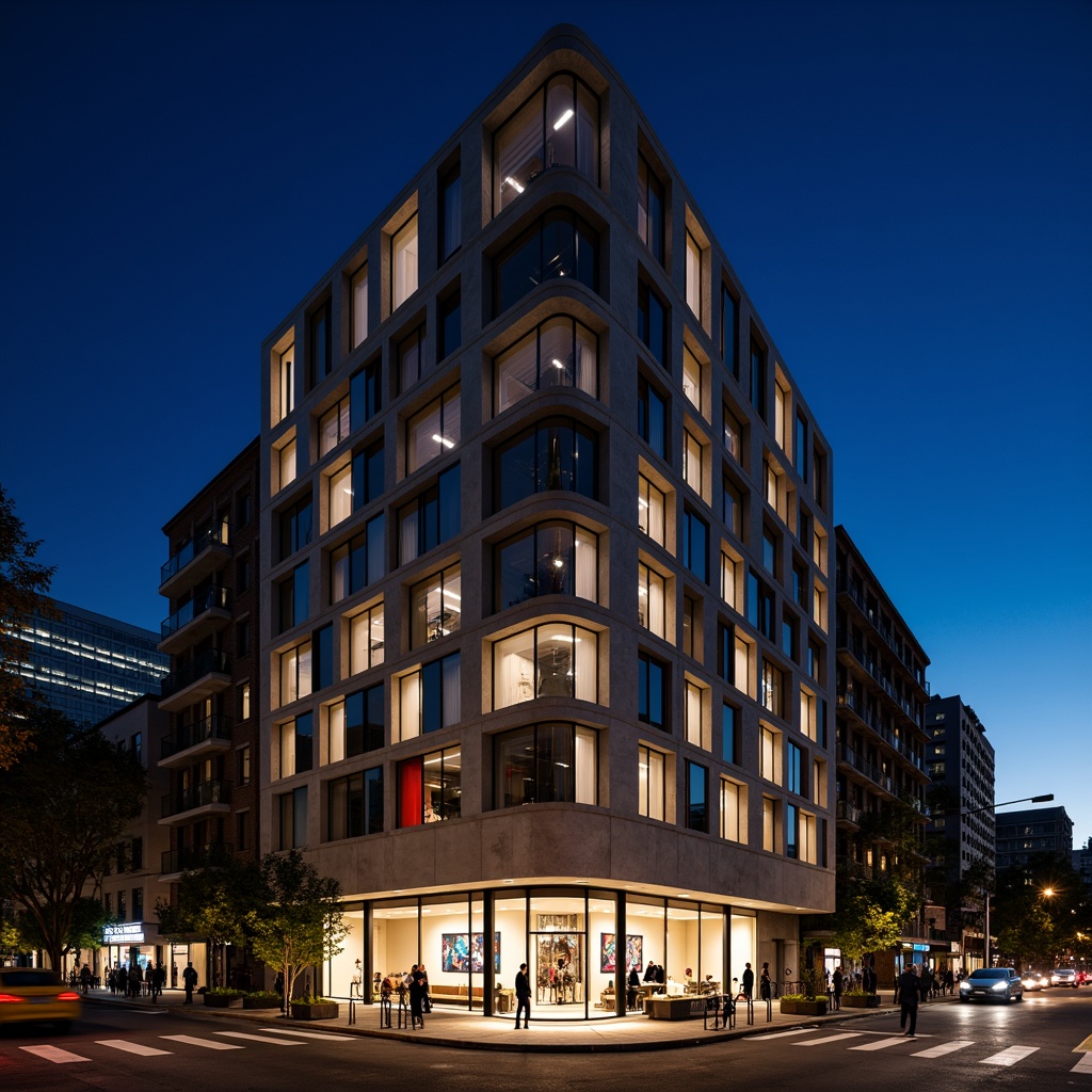 Prompt: Geometric hotel facade, asymmetrical composition, rectangular windows, industrial materials, raw concrete walls, steel beams, minimalist decor, functional simplicity, bold color accents, abstract artwork, urban cityscape, busy streets, modern streetlights, dramatic nighttime lighting, low-angle shot, 1/2 composition, high-contrast tone, cinematic atmosphere, brutalist architecture, clean lines, rectangular shapes, functional minimalism.